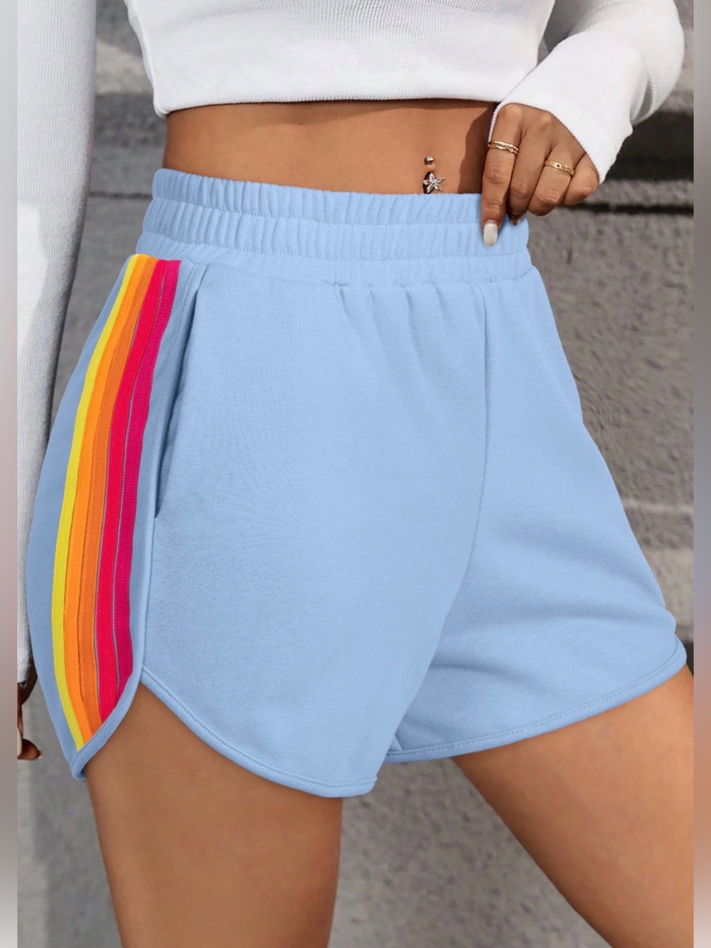 Retro 80s High Waisted Striped Active Dolphin Shorts Blue Pockets Medium